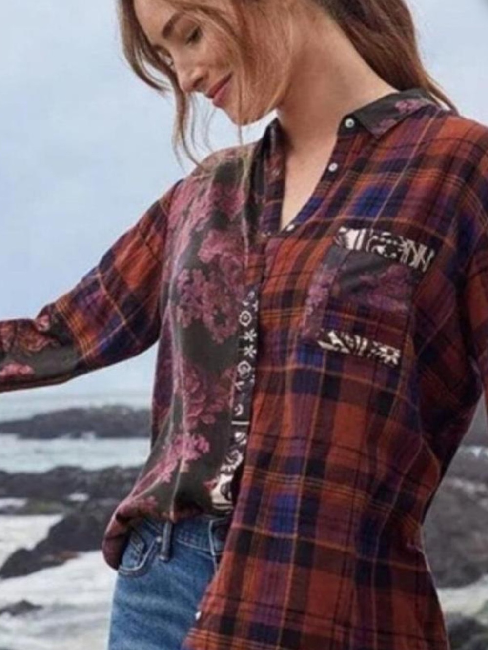 Johnny Was Mixed Plaid & Floral Blouse Small